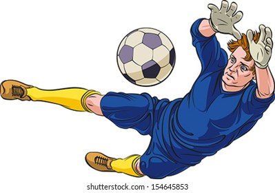 Goalkeeper is catching a ball. Low diving. Editable vector illustration.