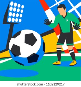 Goalkeeper defends goal. Football player with ball against background of the stadium. Soccer player in Russia. penalty. Full color illustration in flat style. Football cup 2018. Vector illustration