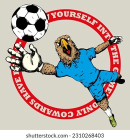 Goalkeeper eagle jumping to catching the ball. Eagle mascot of a soccer team inside a circle with text. Sport illustration concept.