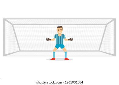 Goalkeeper at the gate. Goalkeeper stands on the gate isolated on white background. Realistic gates with goalkeeper. Vector illustration.