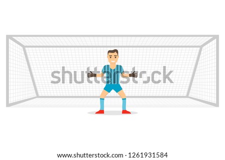 Goalkeeper at the gate. Goalkeeper stands on the gate isolated on white background. Realistic gates with goalkeeper. Vector illustration.