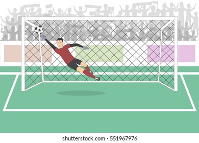 Goalkeeper in the gates on the football field. Soccer game. Athletic young champion.