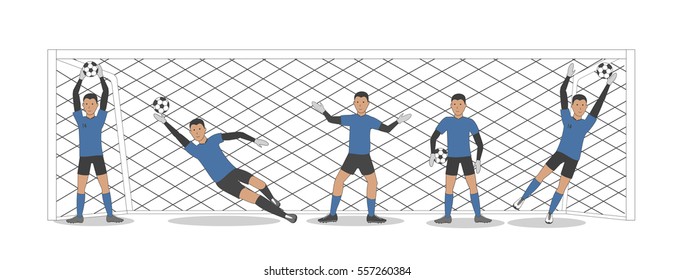 Goalkeeper in the gates set on the white background. Soccer game. Athletic young champion.