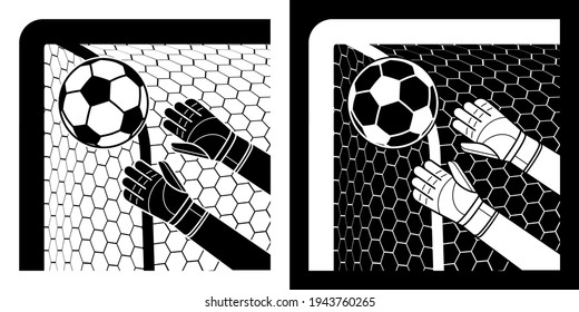 goalkeeper gloved hands catch soccer ball flying into corner of goal. Football goalie protective gear. Isolated vector on white background