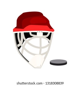 Goalkeeper hockey helmet and puck vector. Uniform, sportswear, hockey player. Ice hockey concept. Vector illustration can be used for topics like sport, hobby, leisure