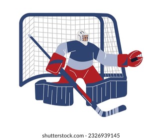 Goalkeeper hockey player in protective helmet flat style, vector illustration isolated on white background. Decorative design element, sport game, uniform with special gloves