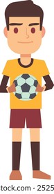 Goalkeeper hold soccer ball. Sportsman cartoon character