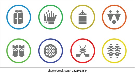 goalkeeper icon set. 8 filled goalkeeper icons.  Collection Of - Shin guards, Football gloves, Hockey, Punching ball, Foosball