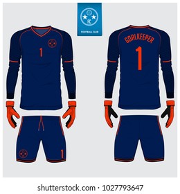 Goalkeeper jersey or soccer kit, long sleeve, goalkeeper glove template design. Orange, blue sport t-shirt mock up. Front and back view football uniform. Flat football logo label. Vector Illustration.