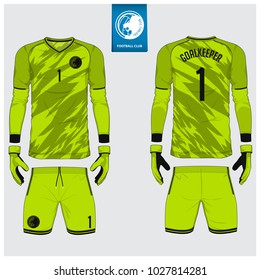 Goalkeeper jersey or soccer kit, long sleeve, goalkeeper glove template design. Sport t-shirt mock up. Front and back view football uniform. Flat football logo label. Vector Illustration.