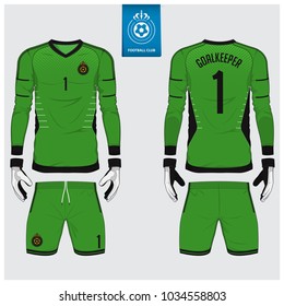 Goalkeeper jersey or soccer kit, long sleeve, goalkeeper glove template design. Sport t-shirt mock up. Front and back view football uniform. Flat football logo label. Vector Illustration.