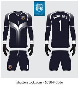 Goalkeeper jersey or soccer kit, long sleeve jersey, goalkeeper glove template design. Sport t-shirt mock up. Front and back view football uniform. Flat football logo label. Vector Illustration.