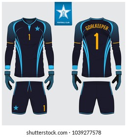 Goalkeeper jersey or soccer kit, long sleeve jersey, goalkeeper glove template design. Sport t-shirt mock up. Front and back view football uniform. Flat football logo label. Vector Illustration.