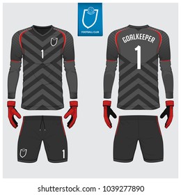 Goalkeeper jersey or soccer kit, long sleeve jersey, goalkeeper glove template design. Sport t-shirt mock up. Front and back view football uniform. Flat football logo label. Vector Illustration.