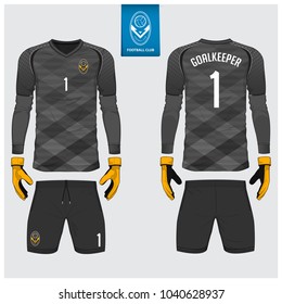 Goalkeeper jersey or soccer kit, long sleeve jersey, goalkeeper glove template design. Sport t-shirt mock up. Front and back view football uniform. Flat football logo label. Vector Illustration.