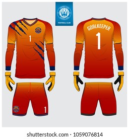 Goalkeeper jersey or soccer kit, long sleeve jersey, goalkeeper glove template design. Sport t-shirt mock up. Front and back view football uniform. Flat football logo label. Vector Illustration.