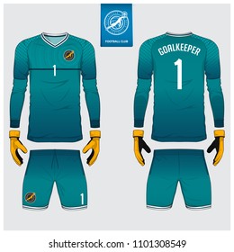 Goalkeeper jersey or soccer kit, long sleeve jersey, goalkeeper glove template design. Sport t-shirt mock up. Front and back view football uniform. Flat football logo label. Vector Illustration.