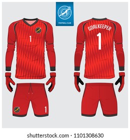 Goalkeeper jersey or soccer kit, long sleeve jersey, goalkeeper glove template design. Sport t-shirt mock up. Front and back view football uniform. Flat football logo label. Vector Illustration.