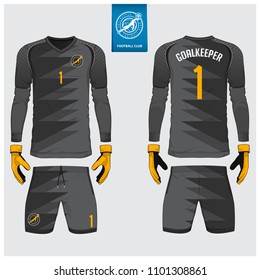 Goalkeeper jersey or soccer kit, long sleeve jersey, goalkeeper glove template design. Sport t-shirt mock up. Front and back view football uniform. Flat football logo label. Vector Illustration.