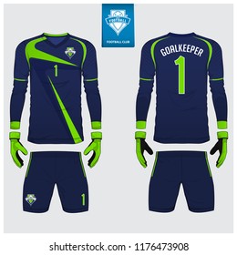 Goalkeeper jersey or soccer kit, long sleeve jersey, goalkeeper glove template design. Blue and green sport t-shirt mock up. Front and back view football uniform. Flat football logo label. Vector.