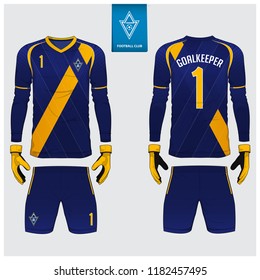 Goalkeeper jersey or soccer kit, long sleeve jersey, goalkeeper glove template design. Sport t-shirt mock up. Front and back view football uniform. Flat football logo label. Vector Illustration.