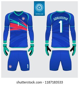 Goalkeeper jersey or soccer kit, long sleeve jersey, goalkeeper glove template design. Blue gradient  sport t-shirt mock up. Front and back view football uniform. Flat football logo label. Vector.