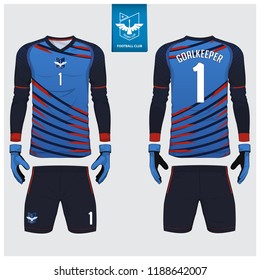 Goalkeeper jersey or soccer kit, long sleeve shirt, goalkeeper glove template design. Blue sport t-shirt mock up. Front and back view football uniform. Flat football logo design. Vector Illustration.