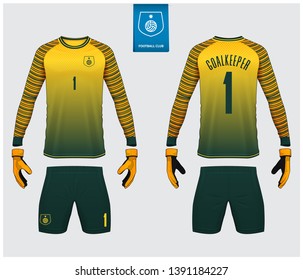 Goalkeeper jersey or soccer kit, long sleeve jersey, goalkeeper glove mockup template design. Sport t-shirt mock up. Front and back view soccer uniform. Flat football logo label. Vector Illustration.