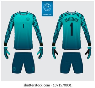 Goalkeeper jersey or soccer kit, long sleeve jersey, goalkeeper glove mockup template design. Sport t-shirt mock up. Front and back view soccer uniform. Flat football logo label. Vector Illustration.