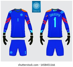 Goalkeeper jersey or soccer kit mockup. Goalkeeper glove and long sleeve jersey  template design. Sport t-shirt mock up in front view, back view. Flat football logo design. Vector Illustration.