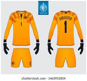 Goalkeeper jersey, soccer kit mockup. Goalkeeper glove and long sleeve jersey  template design. Sport t-shirt template. Front and back view soccer uniform. Football logo design. Vector Illustration