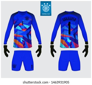 Goalkeeper jersey, soccer kit mockup. Goalkeeper glove and long sleeve jersey  template design. Sport t-shirt template. Front and back view soccer uniform. Football logo design. Vector Illustration