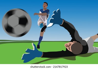 Goalkeeper jump in action and a striker kick the ball in soccer match illustration