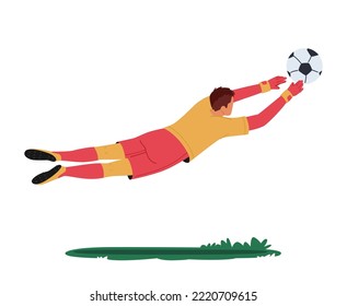 Goalkeeper Jump and Catching Ball Defend Gates in Soccer Tournament Rear View. Goalie Male Character Wear Football Team Uniform Isolated on White Background. Cartoon People Vector Illustration