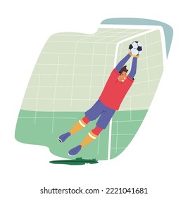 Goalkeeper Jump and Catching Ball Defend Gates in Soccer Tournament. Goalie Sportsman Male Character Wear Football Team Uniform in Motion on Stadium. Cartoon People Vector Illustration