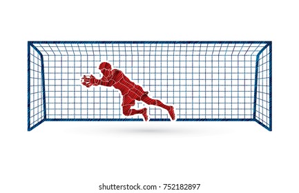 Goalkeeper jumping action, catches the ball designed using grunge brush graphic vector.