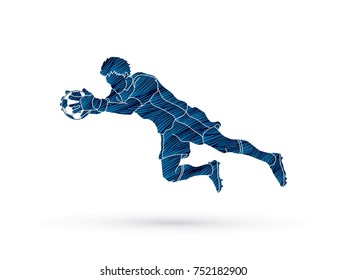 Goalkeeper jumping action, catches the ball designed using grunge brush graphic vector.