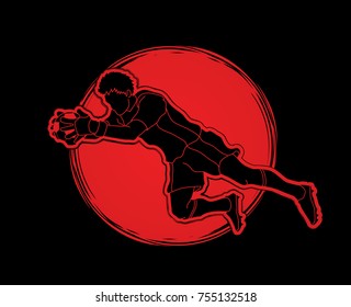 Goalkeeper jumping action, catches the ball designed on sunlight background graphic vector.