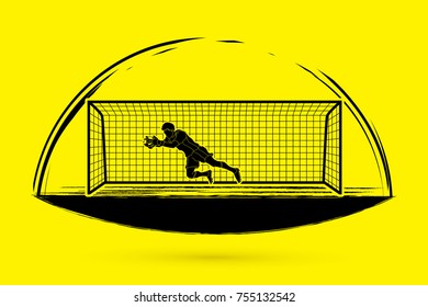 Goalkeeper jumping action, catches the ball graphic vector.