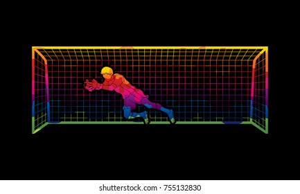 Goalkeeper jumping action, catches the ball designed using colorful graphic vector.