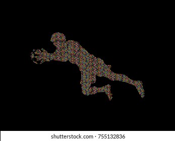 Goalkeeper jumping action, catches the ball designed using mosaic pattern graphic vector.