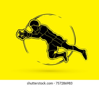 Goalkeeper jumping action, catches the ball graphic vector.