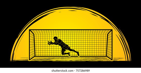 Goalkeeper jumping action, catches the ball designed on moonlight background graphic vector.