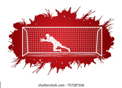 Goalkeeper jumping action, catches the ball designed on splatter ink background graphic vector.