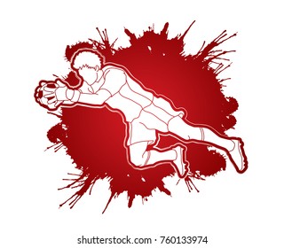Goalkeeper jumping action, catches the ball designed on splatter blood background graphic vector.