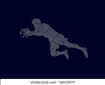 Goalkeeper jumping action, catches the ball designed using dots pattern graphic vector.