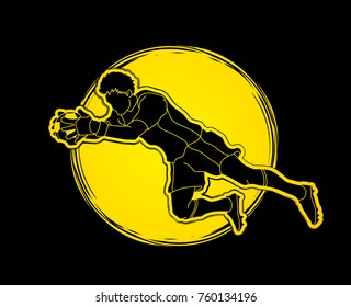 Goalkeeper jumping action, catches the ball designed on moonlight background graphic vector.