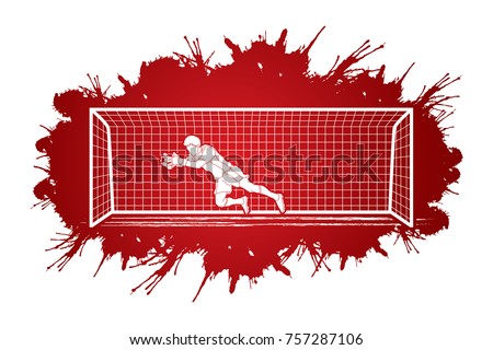 Goalkeeper jumping action, catches the ball designed on splatter ink background graphic vector.