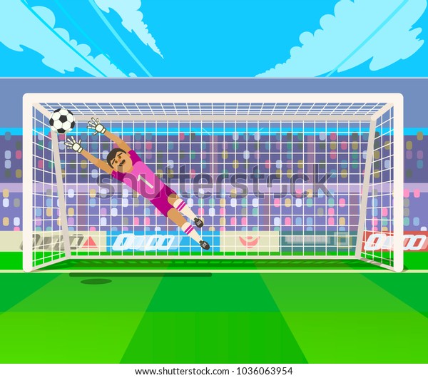 ゴールキーパーは飛び跳ねてボールを取る サッカーをしている間にボールを飛び越えるゴールキーパーのベクターイラスト のベクター画像素材 ロイヤリティ フリー 1036063954