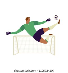 Goalkeeper jumping to catch ball illustration.